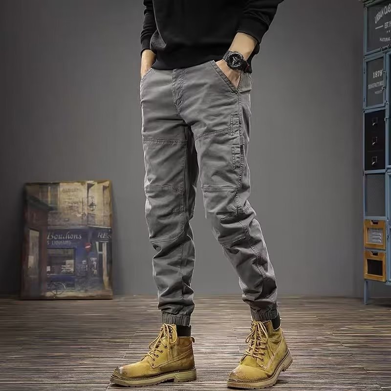 Wholesale trendy overalls men's ankle-tied elastic waist outdoor slim fit spring and autumn men's motorcycle pants slim fit trendy autumn and winter