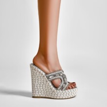 外贸欧美性感草编麻绳简约恨天高坡跟防水台车模特水钻女鞋时尚