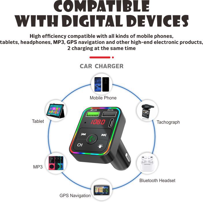 Fm Transmitter and Receiver Car Bluetooth Mp3 Player with Ambient Light Fm Automatic Channel Search to Say Goodbye to Noise