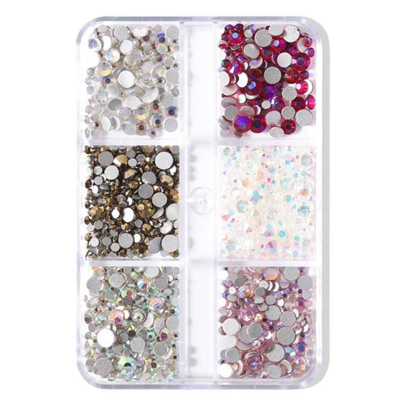 Cross-border exclusivo 6-grid tamaño mixto de uñas joyas de diamantes planos color mágico transparente AB caja de uñas rhinestone al por mayor