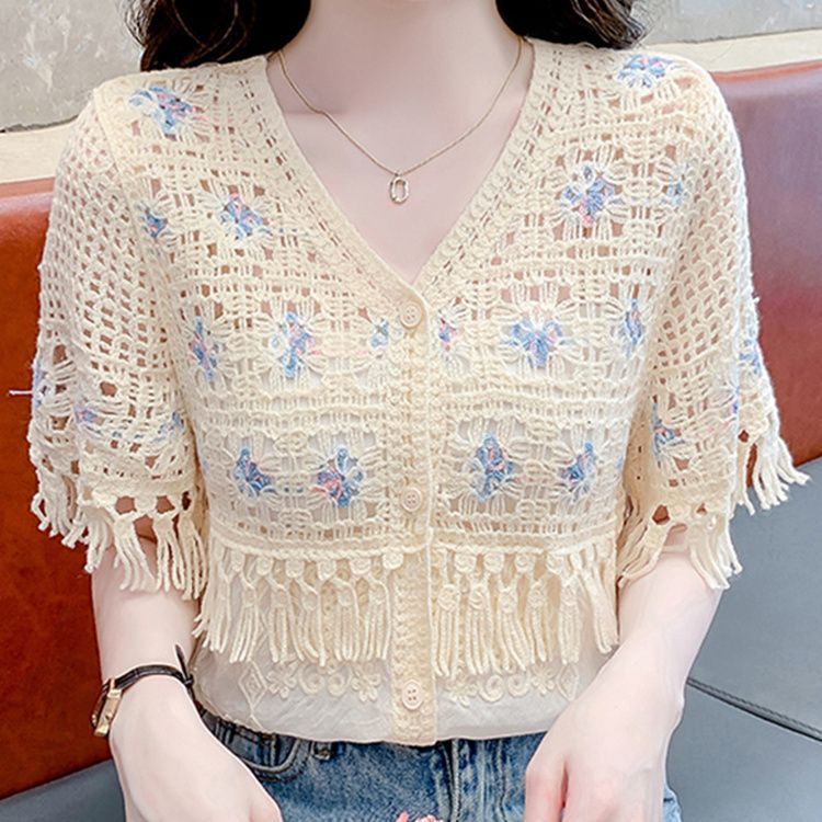 2025 新しい夏のタッセル中空刺繍スプライシングニットカーディガン女性のデザインカジュアル多用途トップトレンディ|undefined