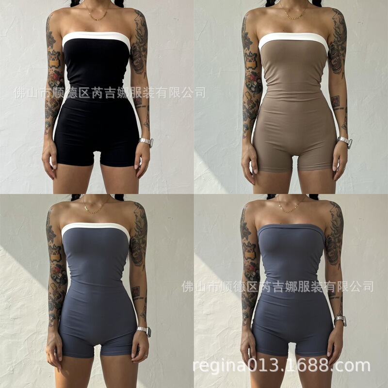 Europe and the United States cross-border with breast pad non-slip strip naked tube top shorts jumpsuit fitness yoga training running women