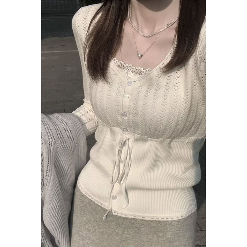 韩系纯欲系带u领长袖针织衫女春季新款辣妹收腰显瘦镂空别致上衣