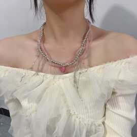欧美辣妹风镶钻十字架流苏红色缠绕水晶项链女复古夸张配饰