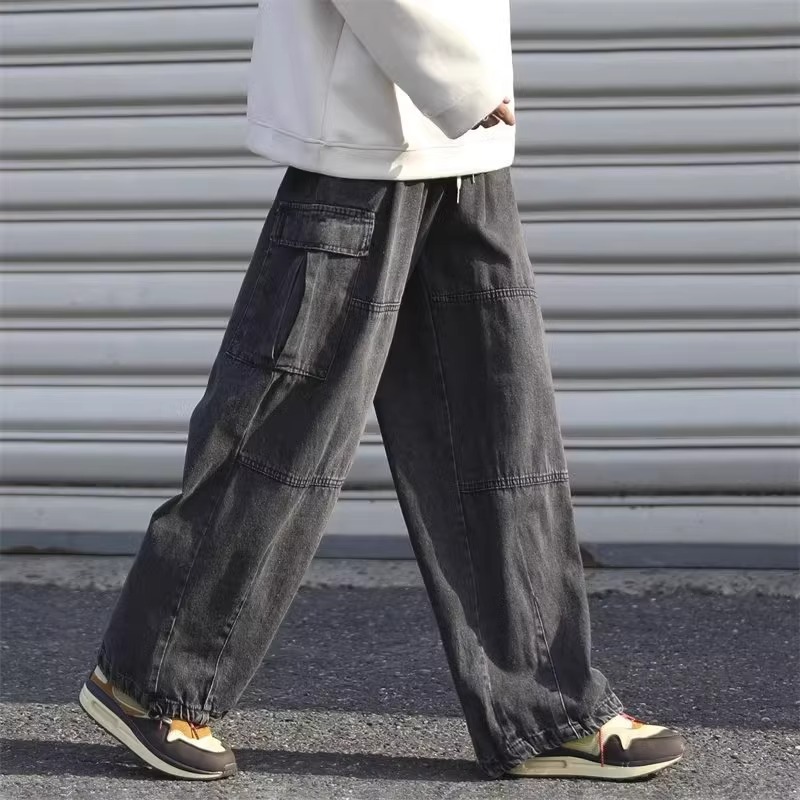 Lazy Vintage Tooling Wide-leg Jeans Men's Hong Kong Style Loose Oversize Big Pocket Retro Street Trousers_mkmklike.com