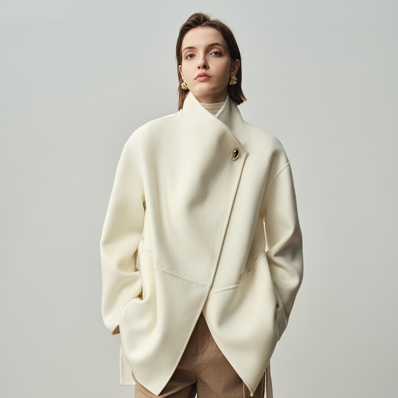 [Benchu] Irregular Lapel Woolen Outwear for Small People, Mid-Length One-Button Lace-Up Double-Sided Cashmere Outwear