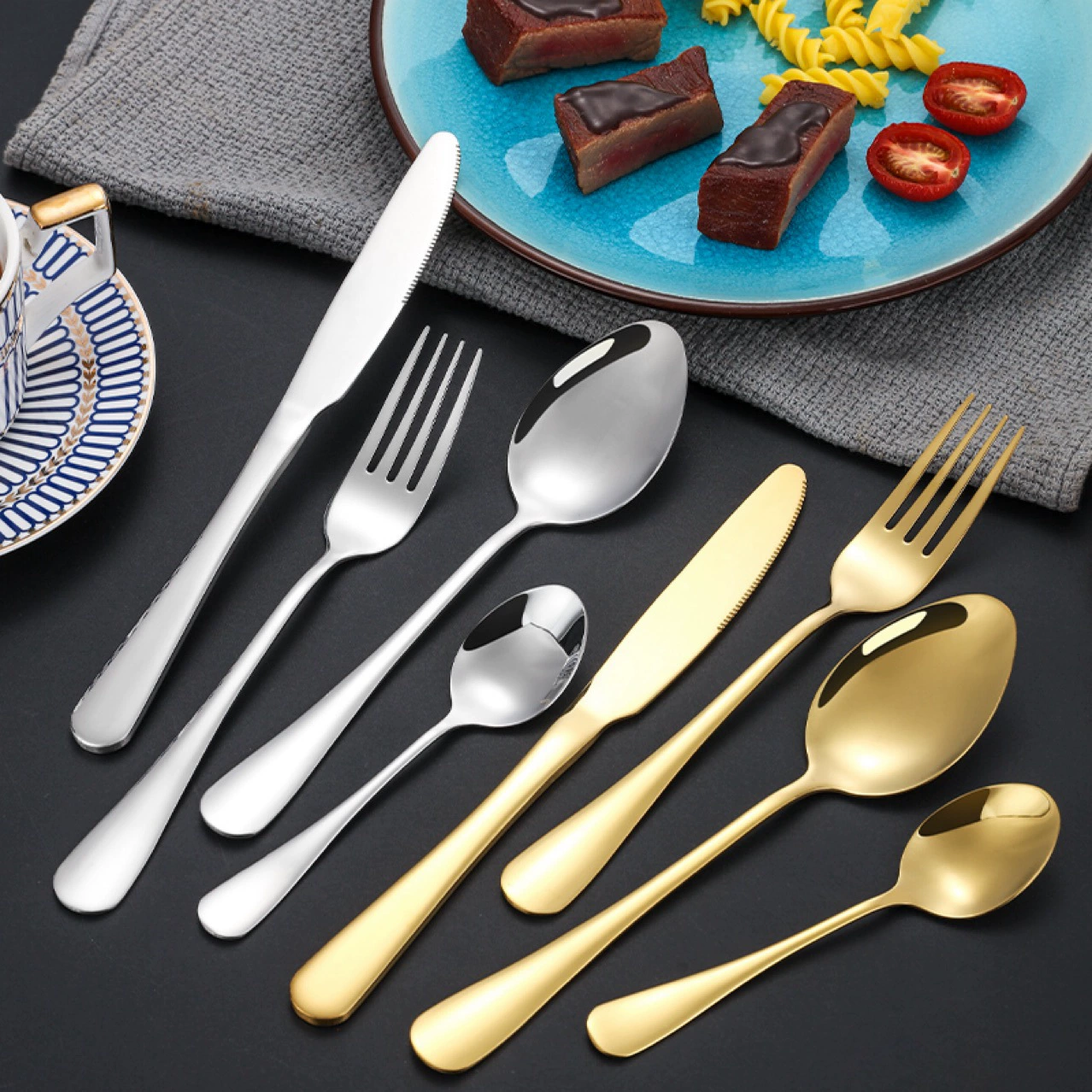 304 stainless steel knife and fork set, thickened 1010 titanium plated steak knife, fork, spoon, rice spoon, dessert spoon