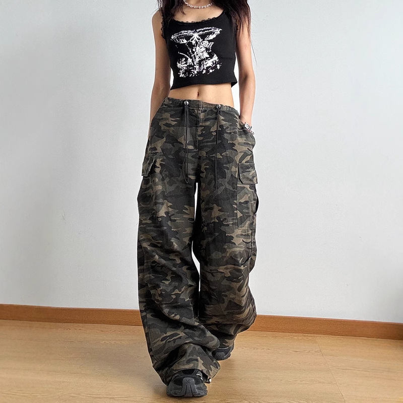 American-style High Street Army Green Camouflage Tooling Jeans Men's and Women's 2024 Straight Loose Retro Hip-hop High Waist Wide-leg Pants