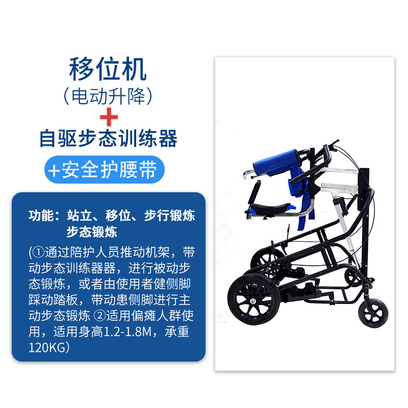 Lift (electric lift) + self-propelled gait trainer + safety belt