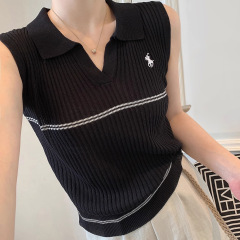 ノースリーブベストアイスシルクポニー刺繍ストライプVネックニットポロシャツ新しいフレンチトップ女性の夏の高級感