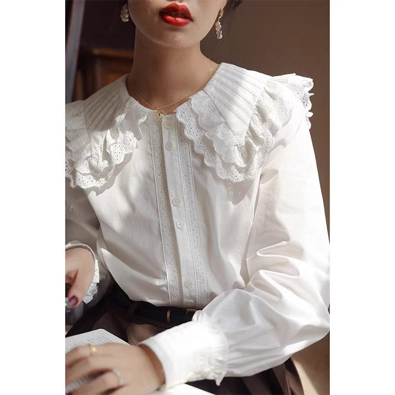 French Large Lapel Lace White Shirt for Women 2024 Spring Top Retro Doll Collar with Long-Sleeved Shirt