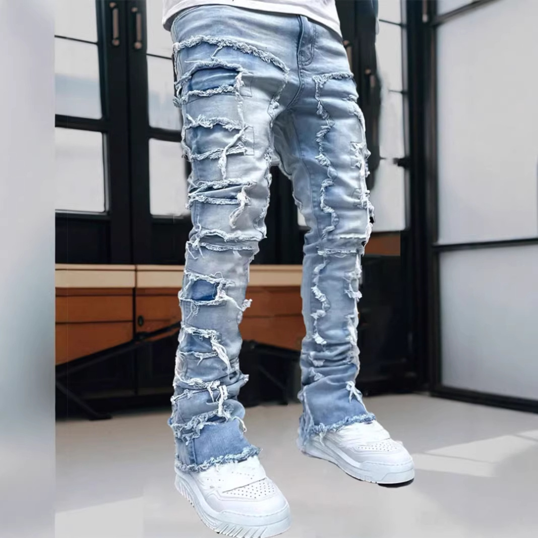 Men's Distressed Denim Jeans Slim Straight High Street Fashion Patchwork Raw Hem Casual Breathable Cotton Blend Pants_mkmklike.com