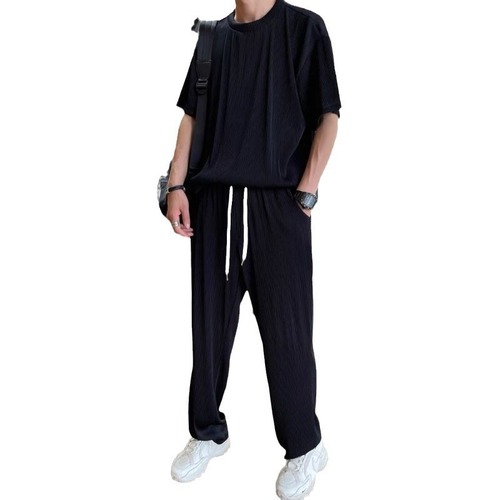 2024 New Summer Ice Silk Sports Suit Men's Drooping Sensation Quick-Dry Running Casual Two-Piece Short Top and Long Pants Thin Model