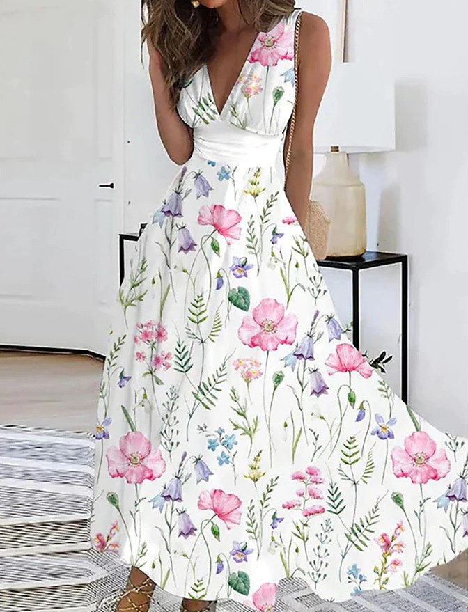 Women's Swing Dress Casual V Neck Printing Sleeveless Flower Maxi Long Dress Daily Street display picture 2