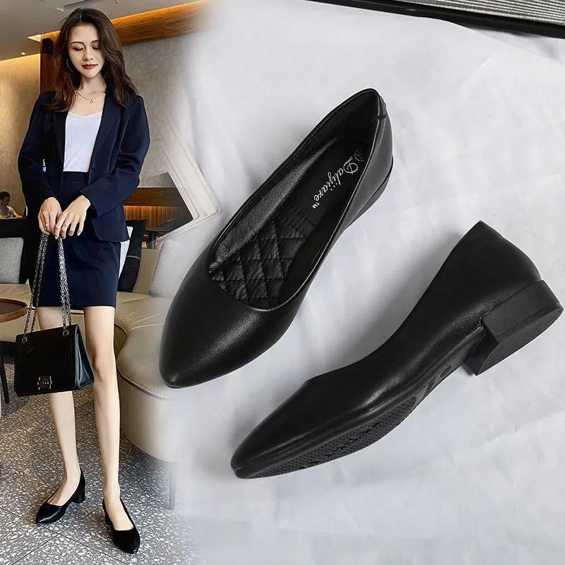 Zapatos planos de mujer con punta en pico para comercio exterior al por mayor, zapatos de trabajo de cuero suave con suela blanda, zapatos de mujer versátiles de tacón bajo.