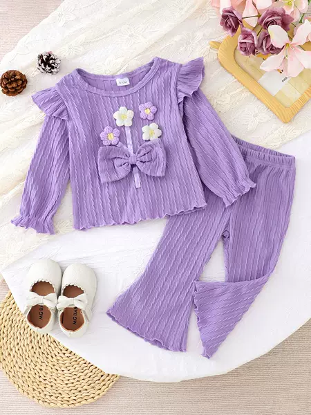 Amazon's Popular Babygirl Baby Girl Autumn and Winter Two-Piece Purple Knitted Hemp Pattern Long-Sleeved Pants Suit
