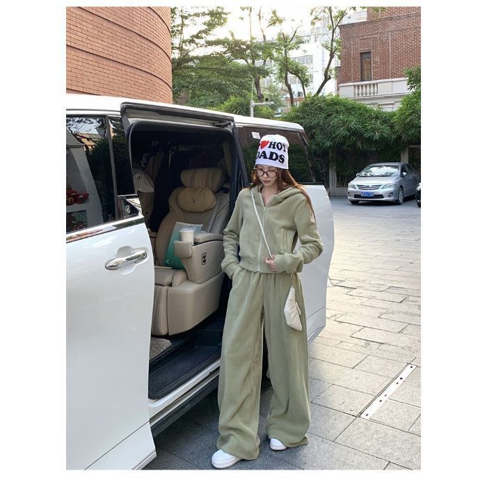 【自家工厂现货】小众连帽女卫衣外套上衣长裤阔腿裤拖地裤两件套|undefined