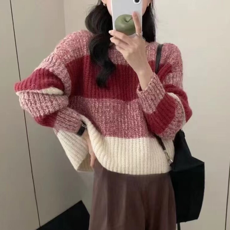 Korean Style Gentle Gradient Striped Chunky Knit Sweater for Women 2025 New Autumn and Winter Loose Fashion Knit Top Trendy