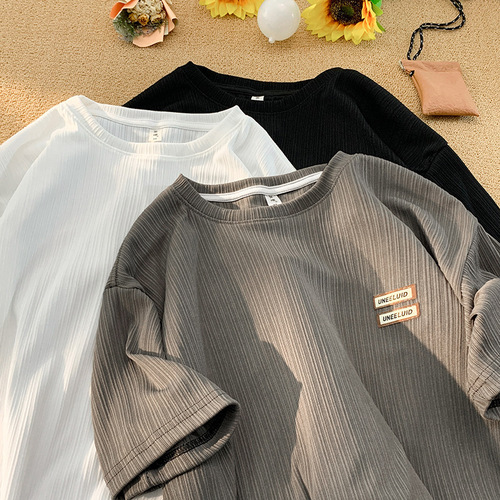 Simple and Breathable Ice Silk Striped Label Short Sleeve T-Shirt for Men - Summer Loose Simple Versatile Basic Crew Neck T-Shirt