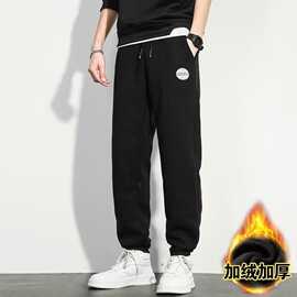 华夫格卫裤男士2023秋冬新款学生束脚休闲裤青少年宽松加绒运动裤