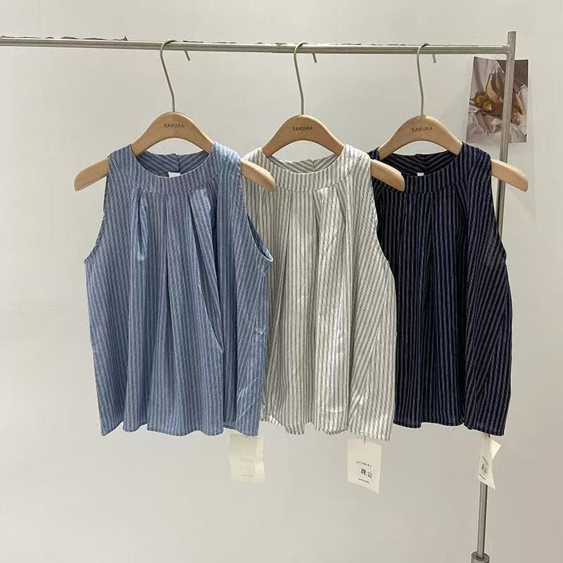 Cross-Border Hong Kong Style Retro Striped Cotton Vest Shirt Women's Summer Design Loose Casual Sleeveless Babydoll Top