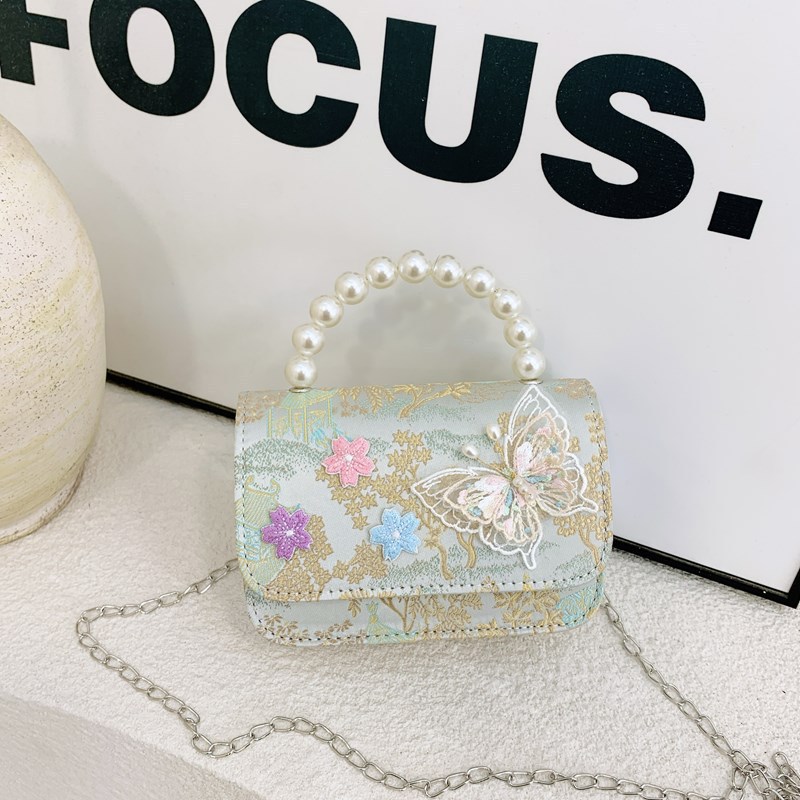 Bolsas de niños nuevas bolsas de mano de perlas de estilo nacional, bolsas de cadena de arco de bordilla princesa, bolsas de hombro de moda nacional de niñas lotes