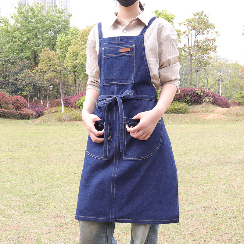 Delantal de mezclilla transfronterizo barista barbero manicura moda coreana mono delantal de cocina logo personalizado