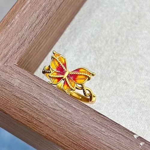 Dreamy Butterfly Openwork Ring, Gold-Plated Enamel Colorful Finger Ring for Women, Court Style Hollow Filigree Ring