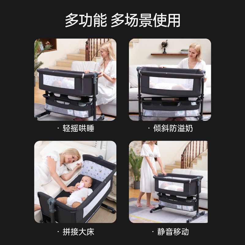 Cama de cuna multifuncional para recién nacidos móvil con cama plegable junto a la cama Cama de juegos para bebés con mesa de pañales con rodillos image 3