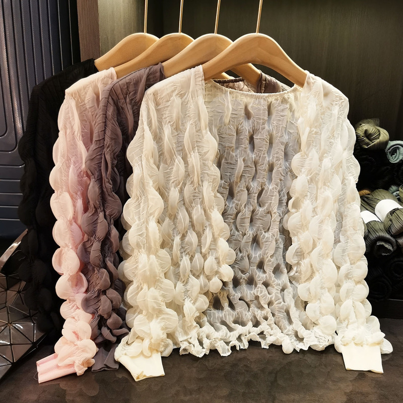 As Light as a Feather ~ Niche Design Bubble Design Top Summer New Loose and Sweet Pure Color Long-Sleeved Jacket