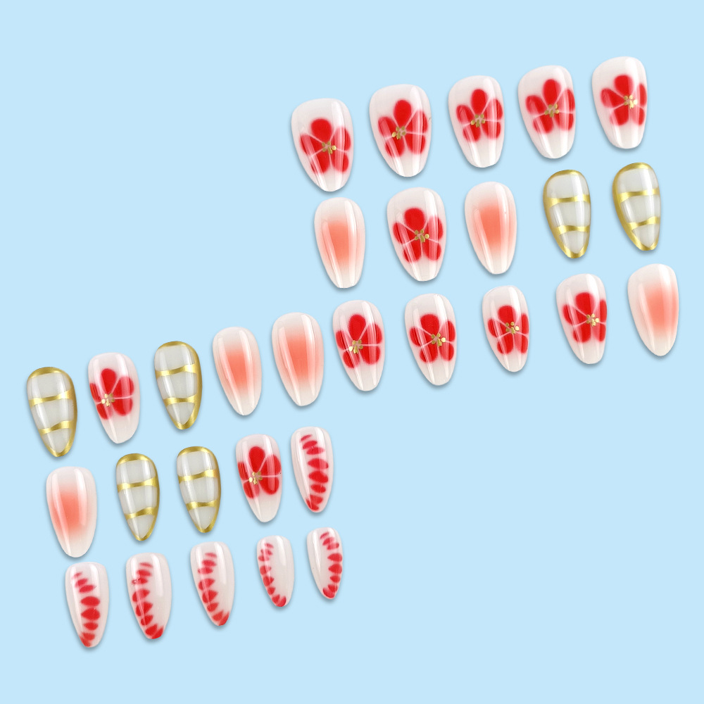 Venta caliente transfronteriza de comercio exterior, piezas de uñas con flores de cinco pétalos, parches de uñas de almendra de estilo caliente europeo y americano, 30 piezas de nails image 4
