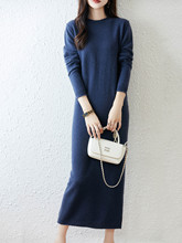 25秋冬新中长款纯羊毛针织衫女卷边圆领连衣裙羊绒打底毛衣裙