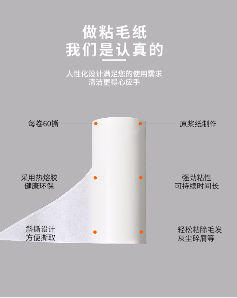 可撕式粘毛器滚筒粘尘纸衣服粘毛器宠物毛发衣物除毛刷厂家批发详情7