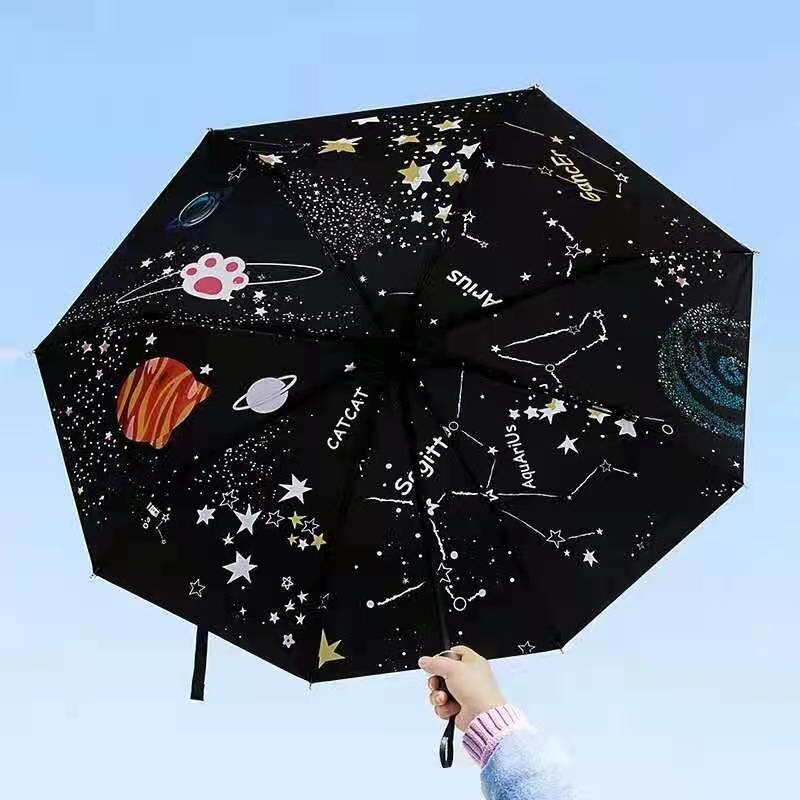 Starry Sky Dual-Purpose Umbrella for Girls, Foldable Umbrella with Cat and Constellation Cartoon Design, Simple Black Coated Sunshade Umbrella Starry Sky Dual-Purpose Umbrella for Girls, Foldable Umbrella with Cat and Constellation Cartoon Design, Simple Black Coated Sunshade Umbrella