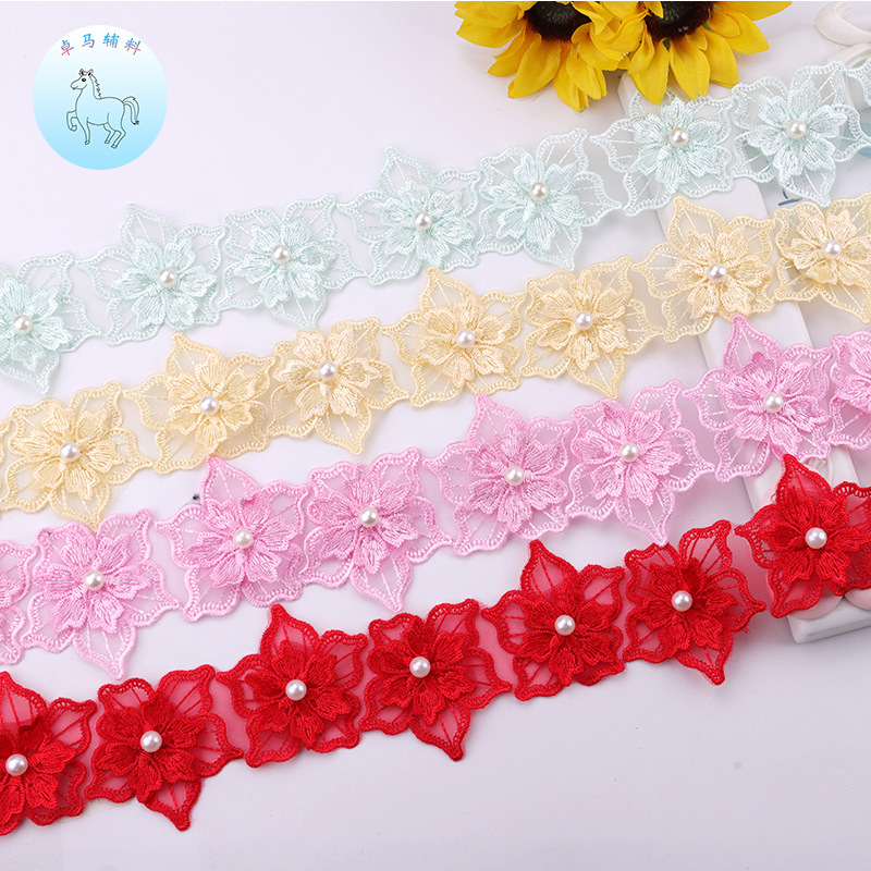 Factory 5.6cm polyester silk root gauze embroidery pearl barcode…