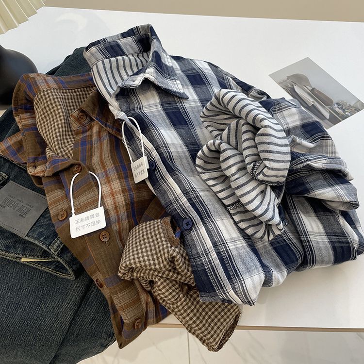 Korean Casual Double-Layer Retro Cotton Plaid Long-Sleeved Shirt Early Autumn Lazy Loose Versatile Shirt Top Jacket