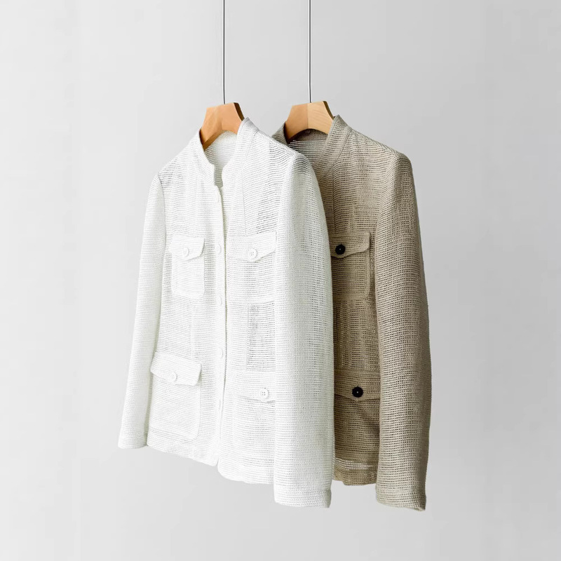 Pre-Sale for Spring Season: Linen + Cotton Materials! Fashionable Shiny Silk Stand-Collar Pocketed Knitted Waist-Cinching Blazer