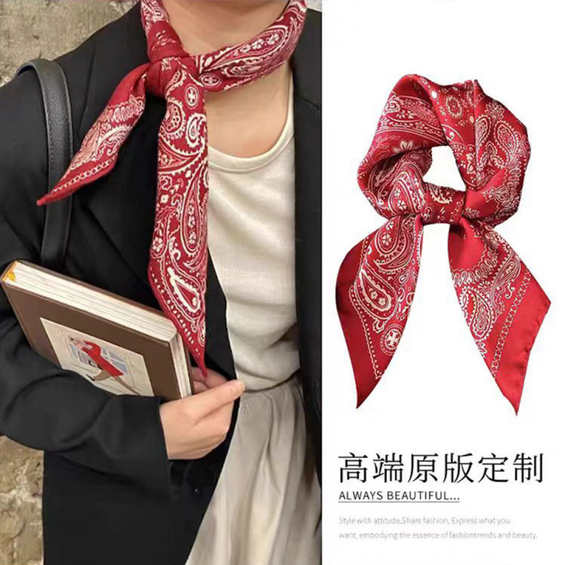 red paisley silk scarf 70 artificial silk small square towel women‘s retro artistic summer silk scarf neck scarf wholesale