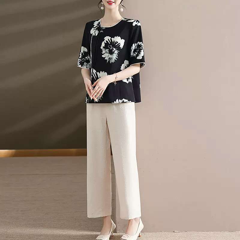 新中式中老年女装圆领衫裤子两件套夏新款妈妈装休闲时尚度假套装