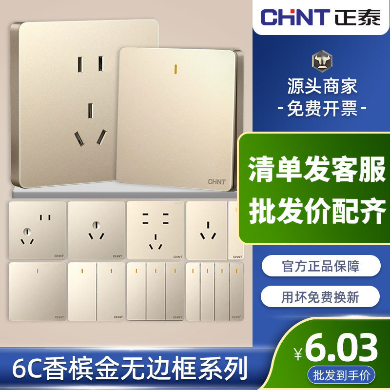 Chint Switch Socket Household 86 Wall Conceal Five-hole USB Porous Panel 6C Champagne Golden Cream Wind