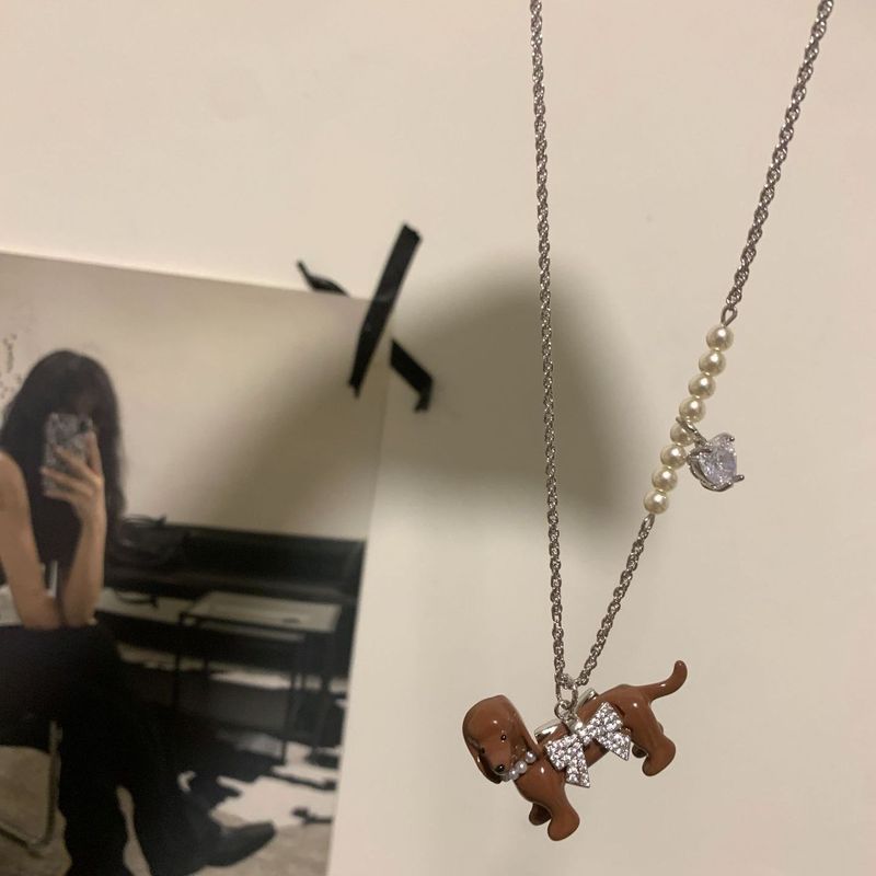 珍珠锆石滴油小狗吊坠项链轻奢小众锁骨链设计感甜美饰品女高级感|undefined