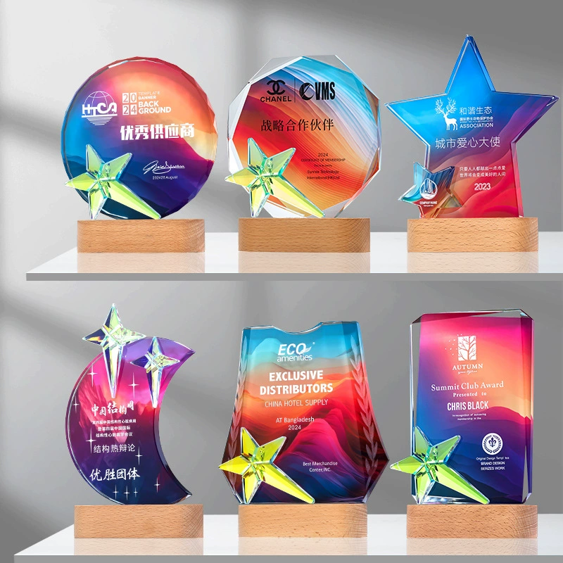 New crystal solid wood trophy Five-pointed star high-end enterprise outstanding employee team competition honor award medal