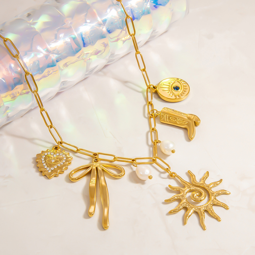 304 Stainless Steel Material Sun, Heart Shape, Bow Knot Pattern PVD Coated Real Gold Plated 18K Gold Sun Heart Shape Bow Knot 304 Stainless Steel Elegant Streetwear Waterproof Non Tarnish 304 Stainless Steel Multi Charms Necklace