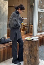 冬天搭配一整套韩系高级感穿搭套装深灰色毛衣拼接阔腿裤两件套女