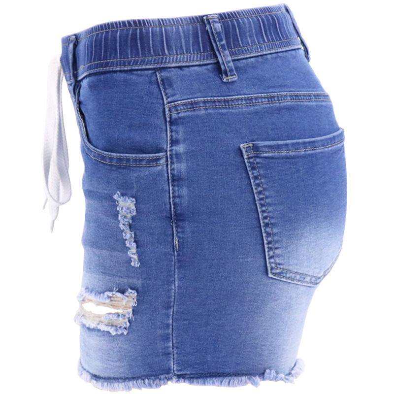 elastic drawstring high-waist slim-fit hole washed denim shorts NSYB65086