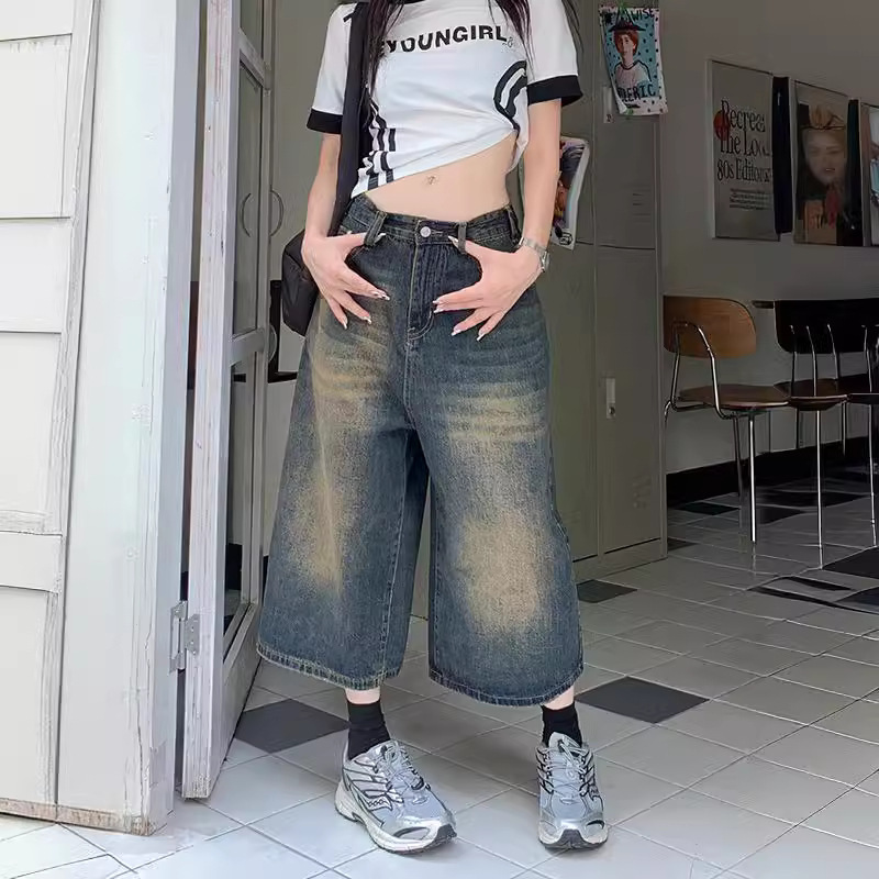 American Style High Street Little Boy Wear Retro Super Wide Leg Short Cropped Jeans Women's Summer Thin Design Sense