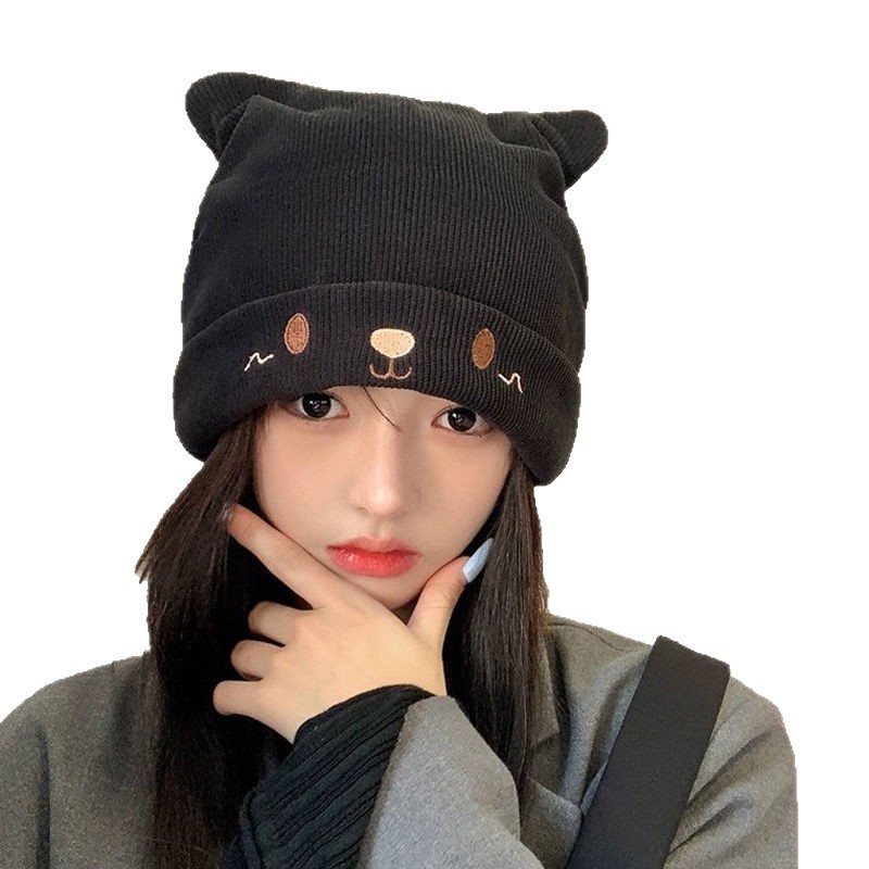 帽子女月子帽产后孕妇秋冬款防风可爱猫耳显脸小大头围堆堆毛线帽|undefined