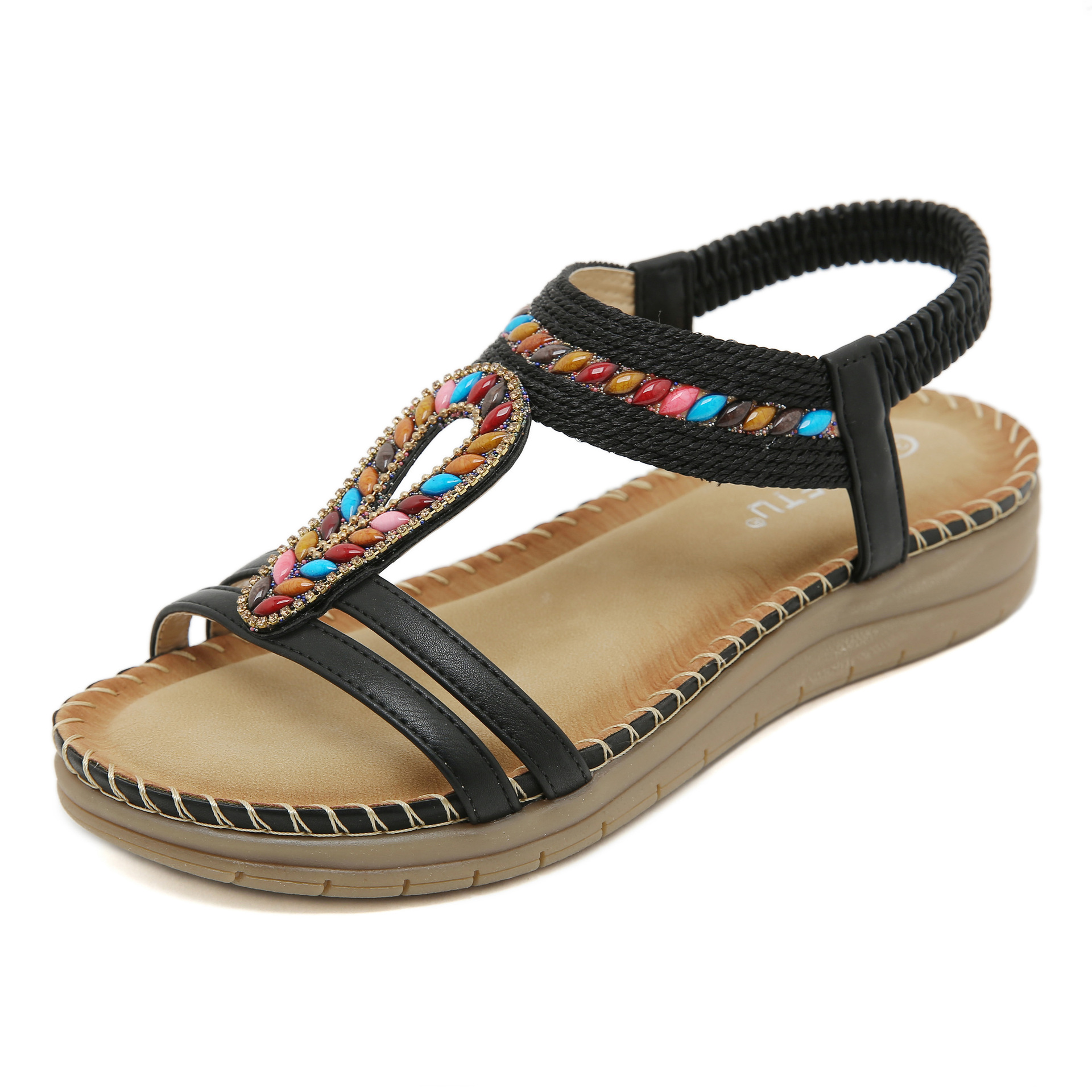 5012-8 Nueva 2025 bohemia sandalias de diamante casuales cómodas de látex masaje suela gruesa zapatos planos grandes