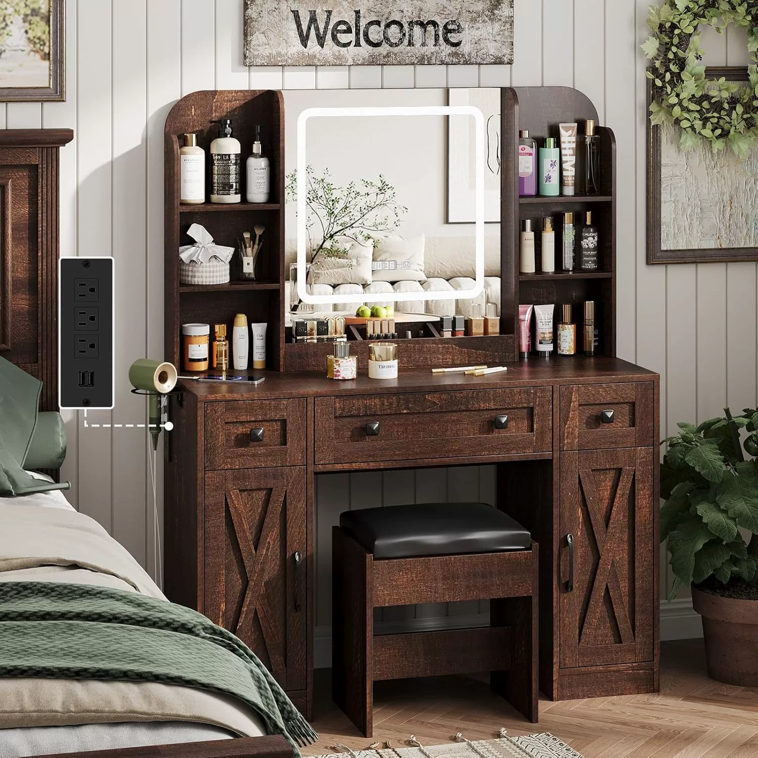 Трюмо с подсветкой, туалетный столик с 3 ящиками и 2 шкафчиками, 3 режима светодиодной подсветки