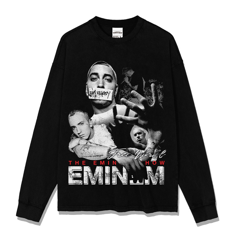エミネムeminemプリントアメリカンヒップホップストリート長袖半袖レトロ水洗いオールドファッションtシャツ